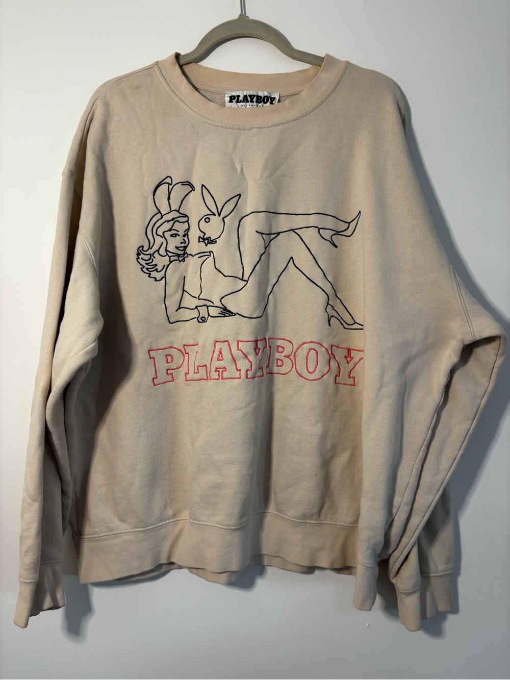 PacSun Beige Graphic Bunny Crewneck Sweatshirt with pink Logo